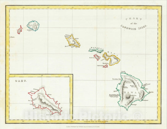 Historic Map : Chart of the Sandwich Isles, 1828, Henry Fisher, Vintage Wall Art