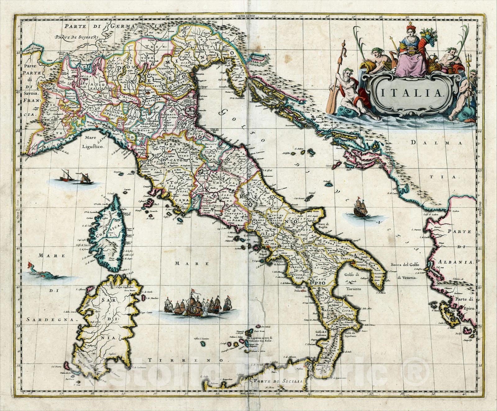 Historic Map : Italia, c1685, Johannes Blaeu, Vintage Wall Art