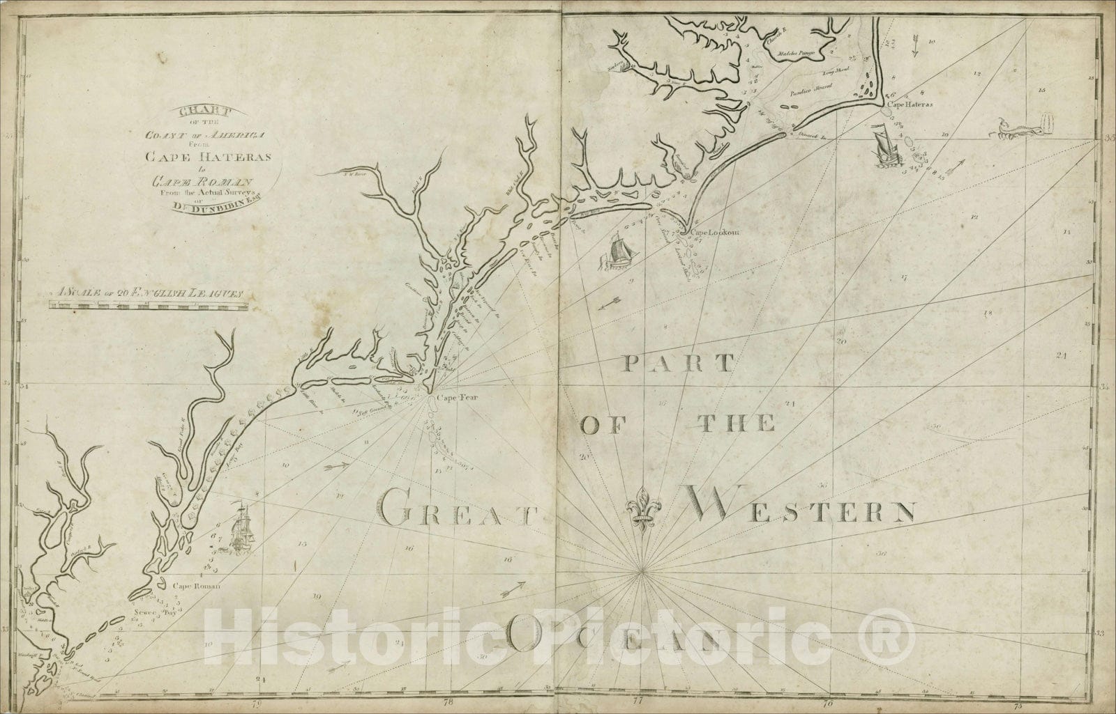 Historic Map : Chart of the Coast of America from Cape Hateras to Cape Roman from the actual surveys of Dl. Dunbibin Esq, 1791, William Norman, Vintage Wall Art