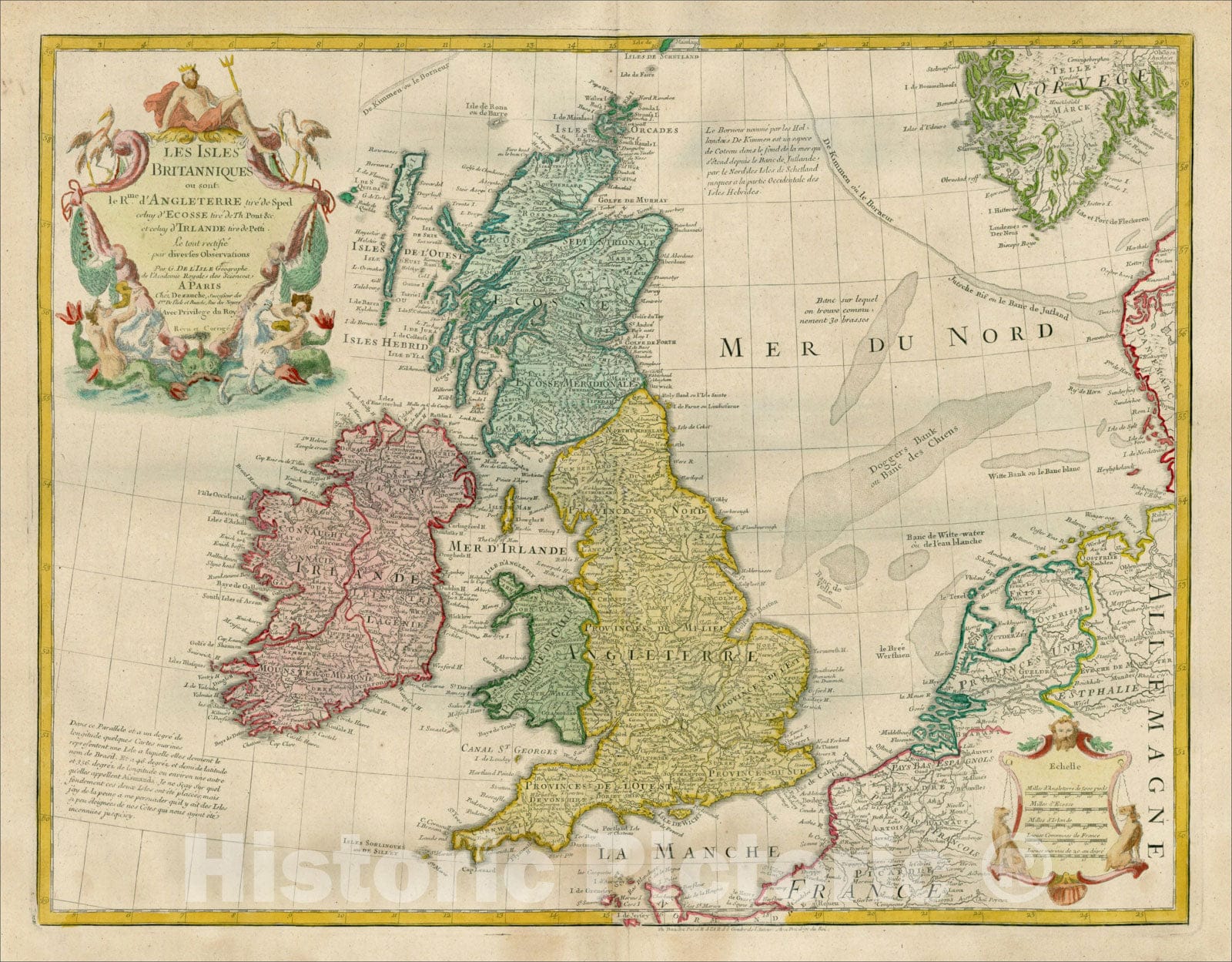 Historic Map : Les Isles Britanniques ou sont l'Rme. d'Angeleterre, tire de Sped celuy d'Ecosse tire de Th Pont&c. et ceulu d'Irlande tire de Petti, c1780, Vintage Wall Art