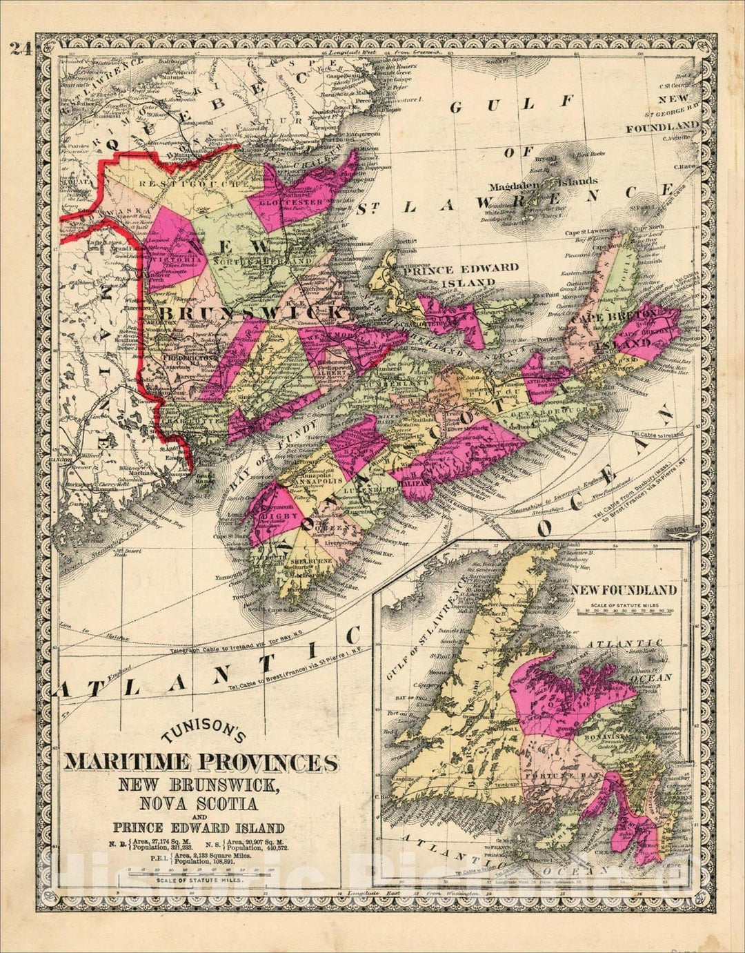 Historic Map : Tunison's Maritime Provinces New Brunswick, Nova Scotia and Prince Edward Islands, 1883, H.C. Tunison, Vintage Wall Art