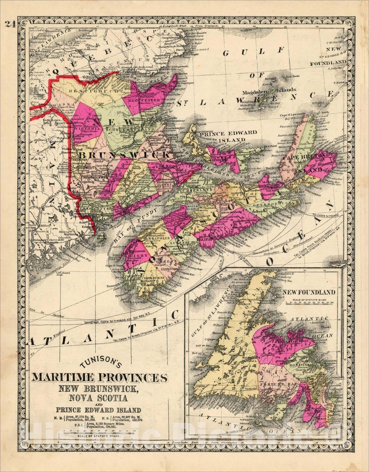 Historic Map : Tunison's Maritime Provinces New Brunswick, Nova Scotia and Prince Edward Islands, 1883, H.C. Tunison, Vintage Wall Art