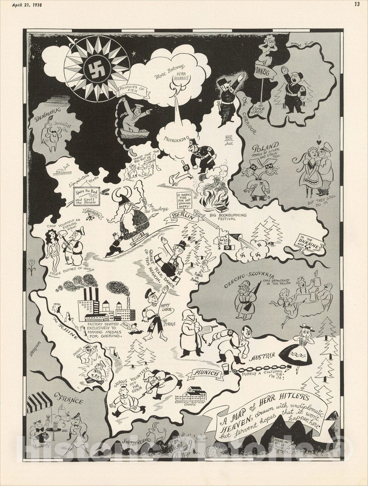 Historic Map : A Map of Herr Hitler's Heaven, drawn with undiplomatic but fervent hopes that it won't happen here., 1938, Richard Q. Yardley, v1, Vintage Wall Art