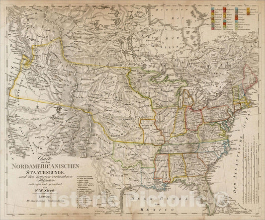 Historic Map : Charte von dem Nordamericanischen Staatenbunde nach den neuesten vorhandenen Hulfsmittleln entworfen und gezeichnet von F.W. Streit, c1825, , Vintage Wall Art