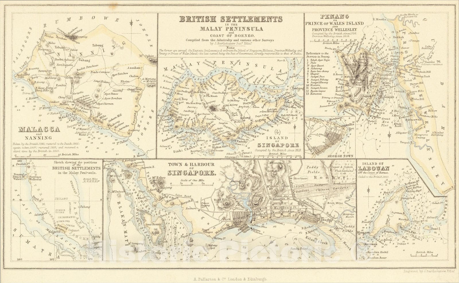 Historic Map : British Settlements in the Malay Peninsula and Coast of Borneo., 1860, Archibald Fullarton & Co., Vintage Wall Art