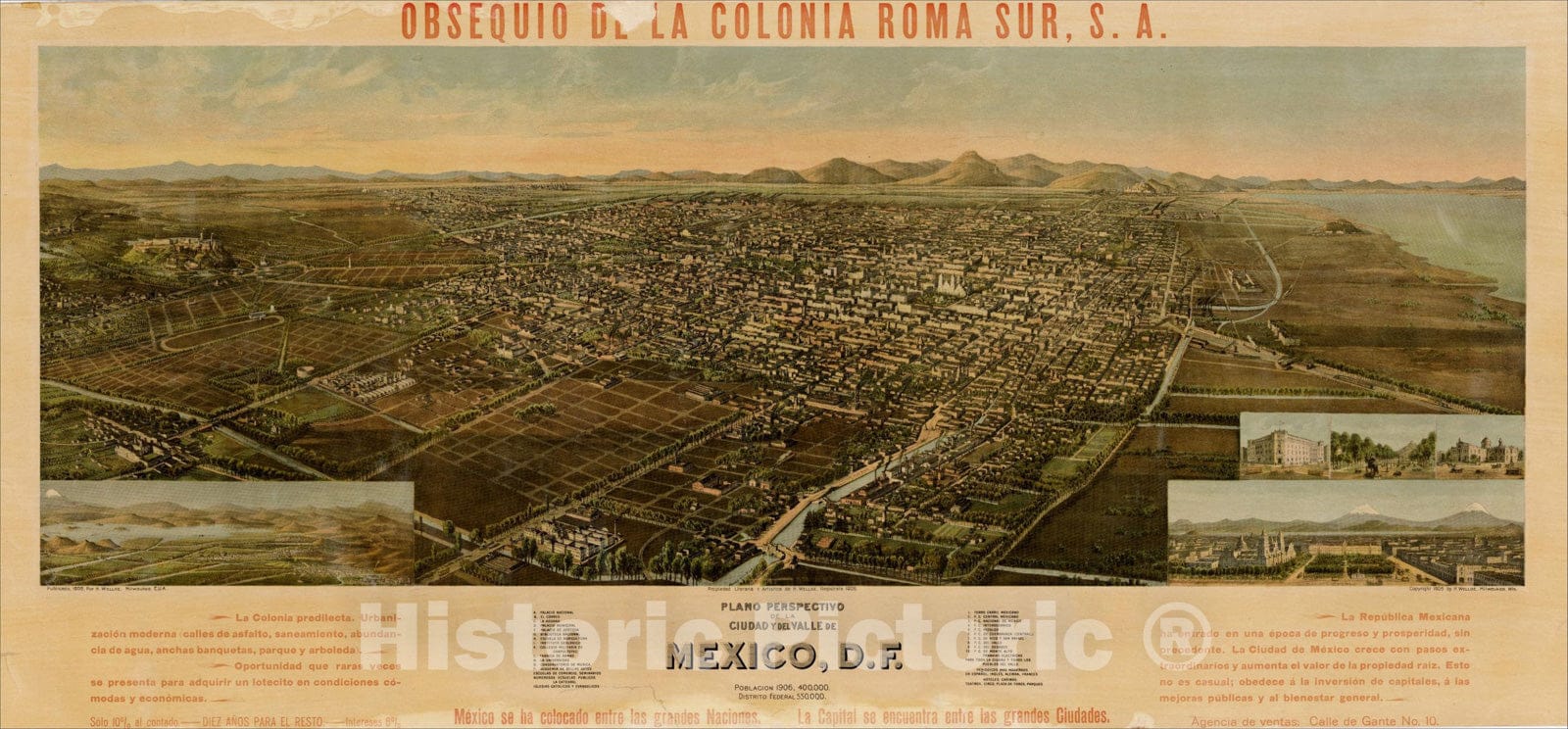 Historic Map : Plano Perspectivo de la Ciudad y del Valle De Mexico, D.F., 1906, Henry Wellge, Vintage Wall Art
