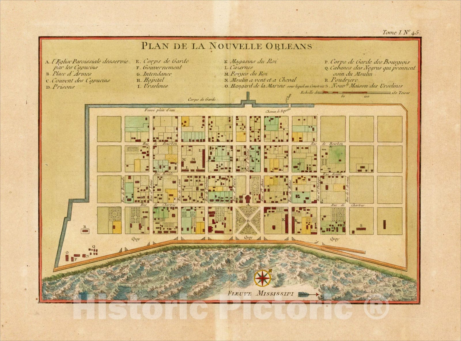 Historic Map : Plan De La Nouvelle Orleans Sur les Manuscrits du Depot des Cartes De la Marine . . ., 1764, Jacques Nicolas Bellin, v1, Vintage Wall Art