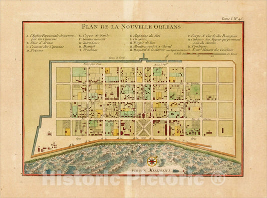 Historic Map : Plan De La Nouvelle Orleans Sur les Manuscrits du Depot des Cartes De la Marine . . ., 1764, Jacques Nicolas Bellin, v1, Vintage Wall Art