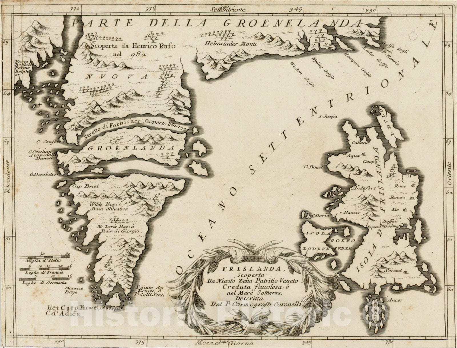 Historic Map : Frislanda, Scoperta da Nicolo Zeno Patritio Veneto Creduta Favolosa, o nel Mare Somersa, c1690, Vincenzo Maria Coronelli, Vintage Wall Art