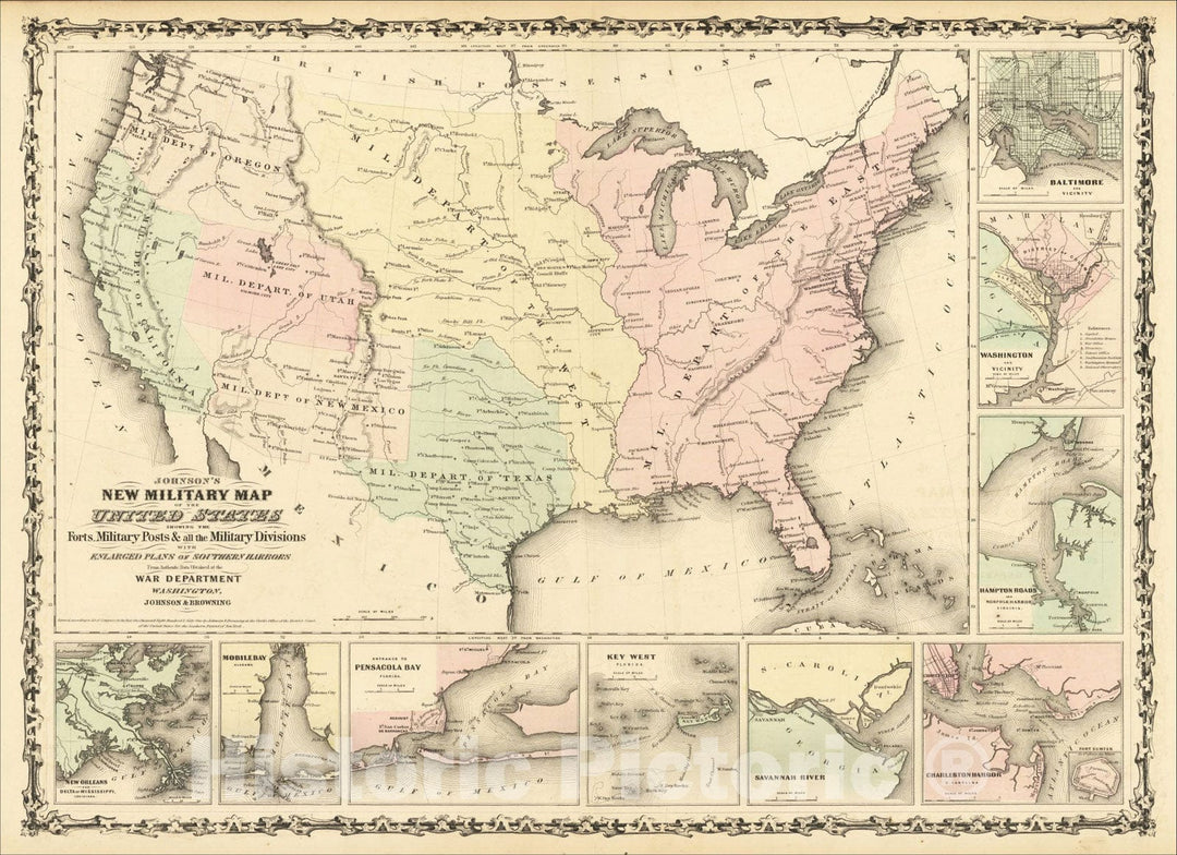 Historic Map : United States Forts, Military Posts & all the Military Divisions with Enlarged Plans of the Southern Harbors, 1861, Alvin Jewett Johnson, Vintage Wall Art