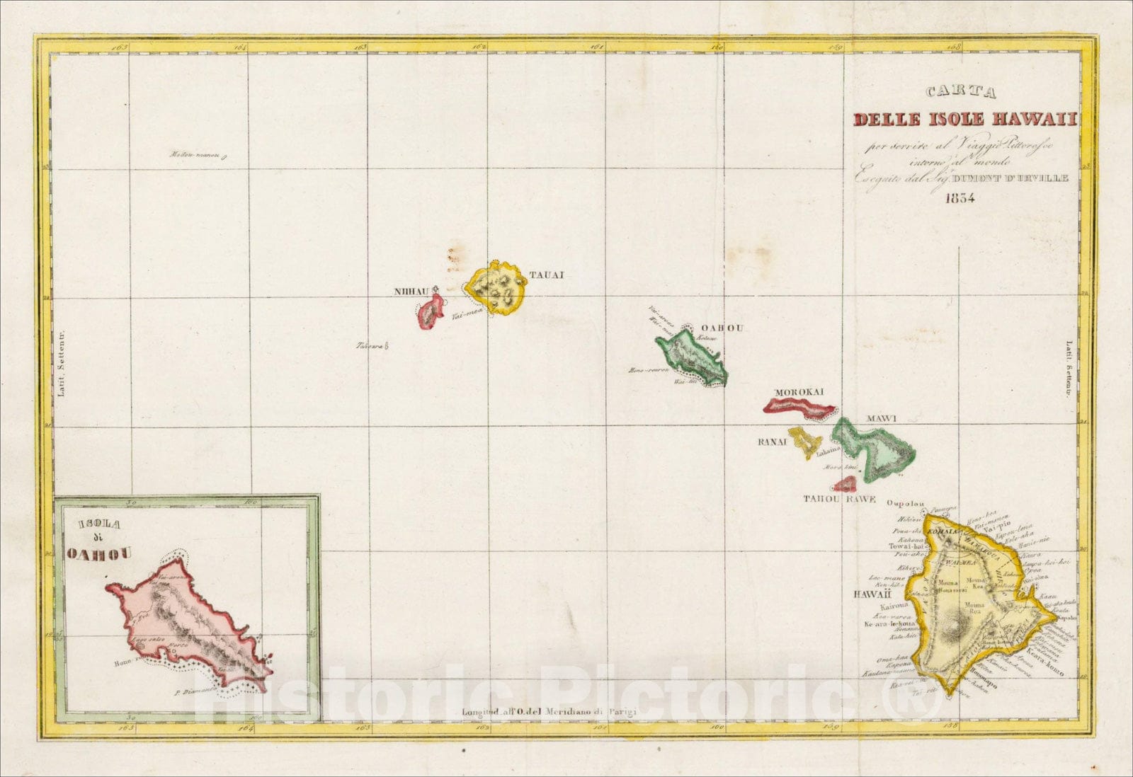 Historic Map : Carta Delle Isole Hawaii, 1834, 1834, Jules Sebastian Cesar Dumont-D'Urville, Vintage Wall Art