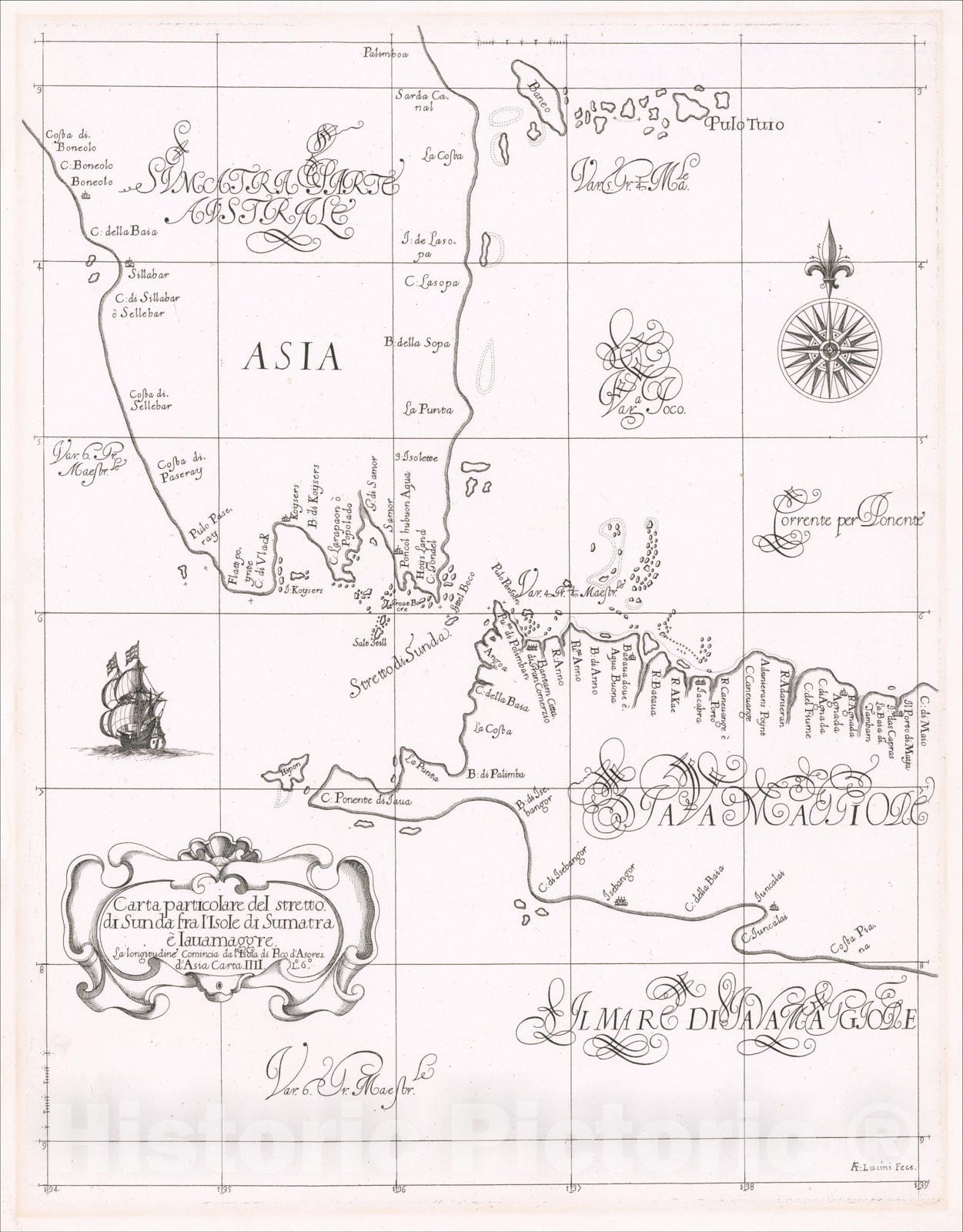 Historic Map : Carta particolare del stretto di Sunda fra l'Isole di Sumatra e Iavamaggre, c1647, Robert Dudley, Vintage Wall Art