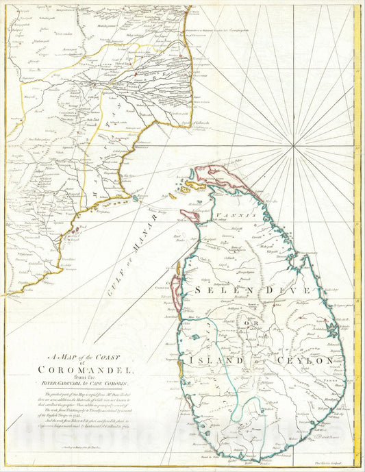 Historic Map : A Map of the Coast of Coromandel from the River Gadevari, to Cape Comorin [Sri Lanka], c1770, Thomas Kitchin, Vintage Wall Art