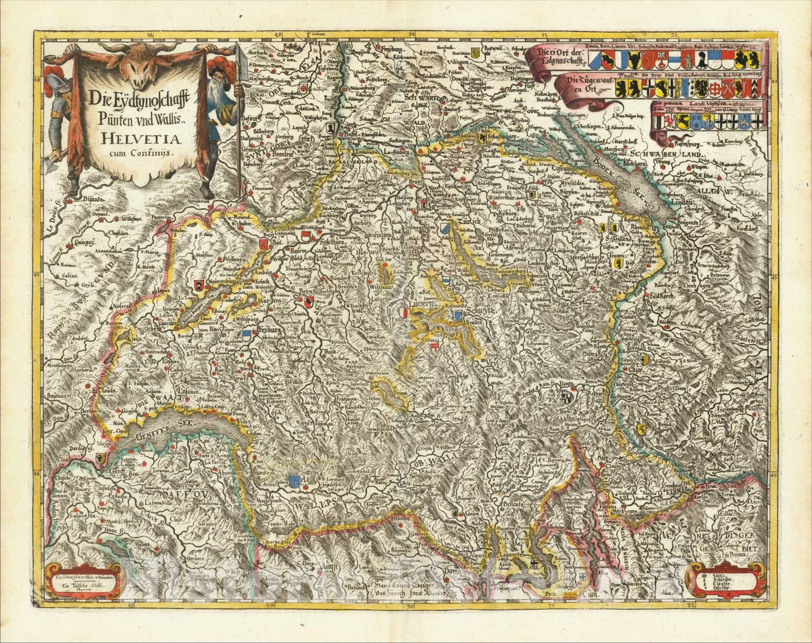 Historic Map : Die Eydtgnoschafft Punten und Wallis Helvetia cum Confinijs, c1638, Matheus Merian, Vintage Wall Art