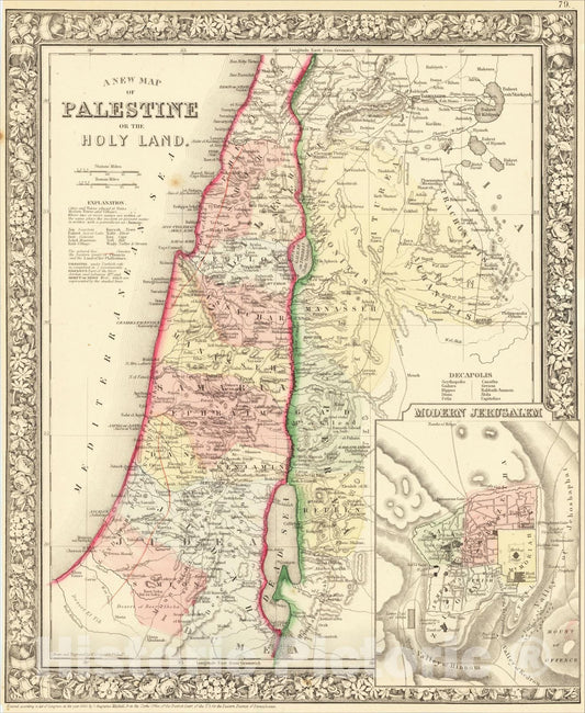 Historic Map : A New Map of Palestine or the Holy Land, 1861, Samuel Augustus Mitchell Jr., Vintage Wall Art