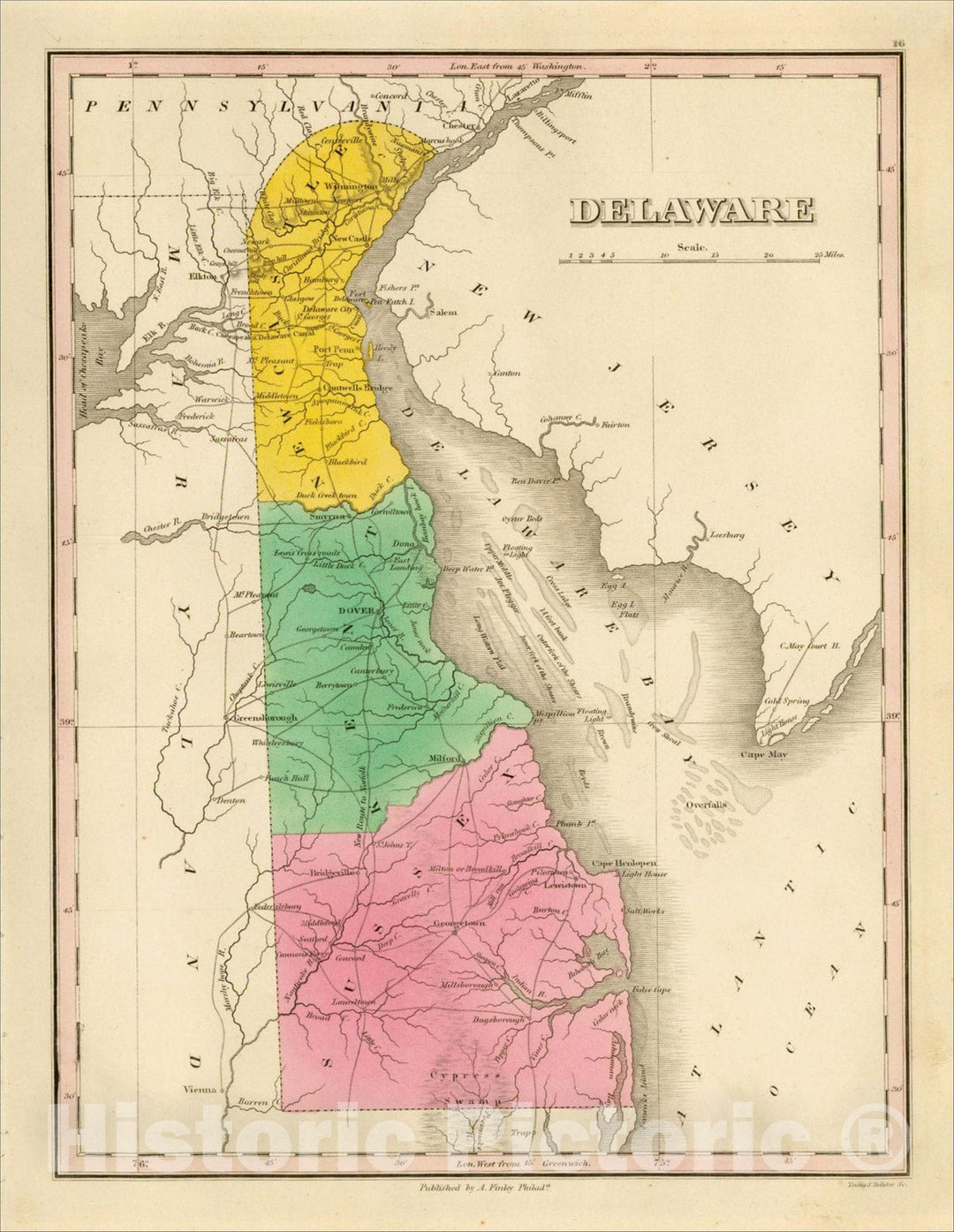 Historic Map : Delaware, 1826, Anthony Finley, Vintage Wall Art