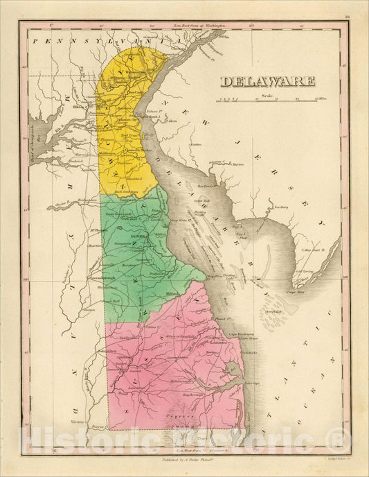 Historic Map : Delaware, 1826, Anthony Finley, Vintage Wall Art
