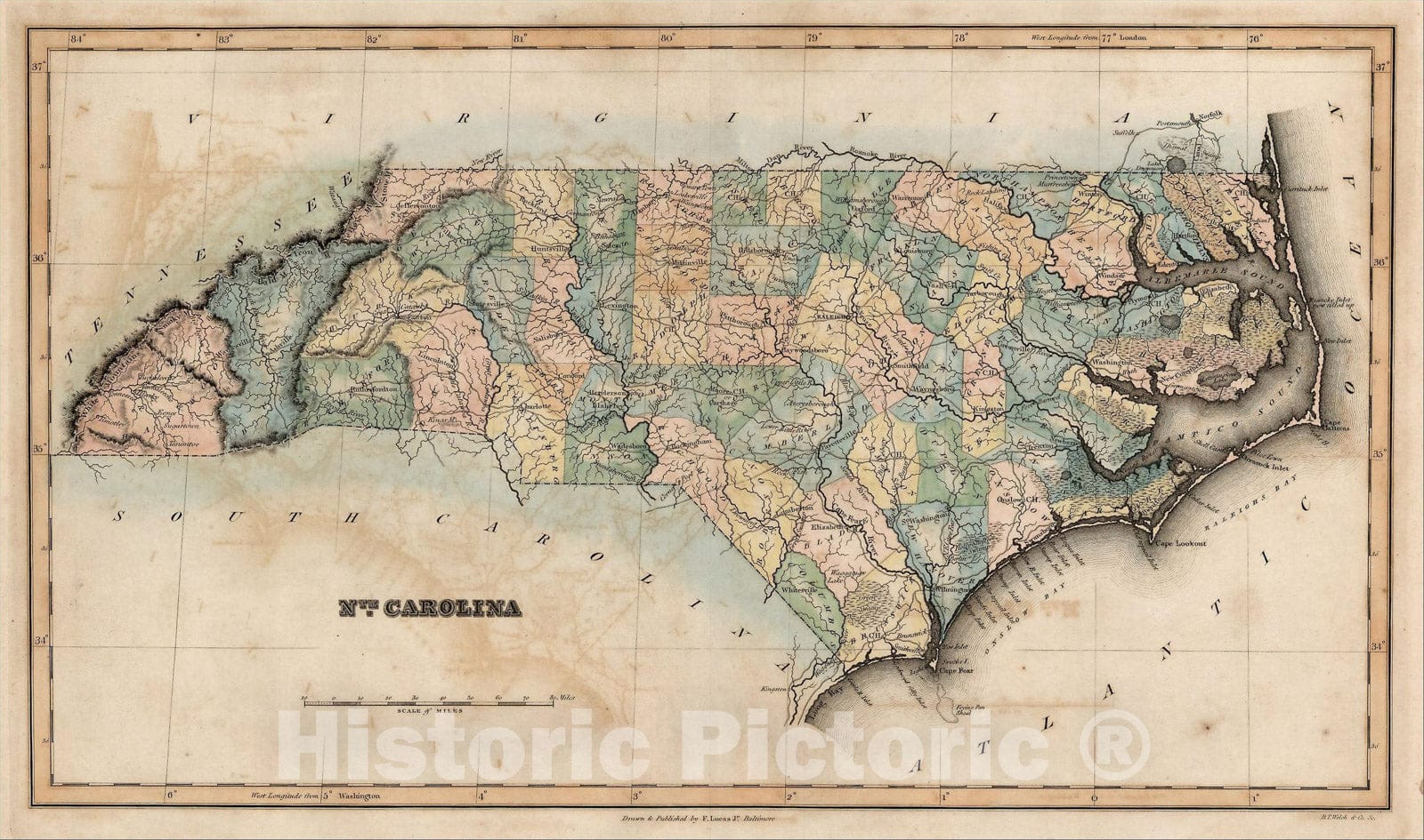 Historic Map : Nth. Carolina, 1823, Fielding Lucas Jr., Vintage Wall Art