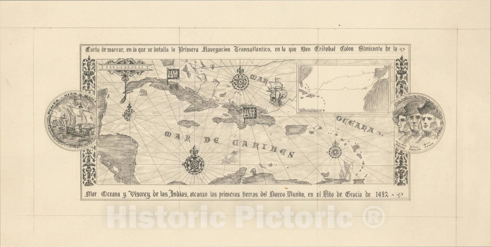 Historic Map : Carte de marea en la que se detalla la Prima Navegacion Transatlantica, c1900, Anonymous, Vintage Wall Art