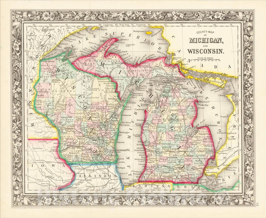 Historic Map : County Map of Michigan and Wisconsin, 1862, Samuel Augustus Mitchell Jr., Vintage Wall Art