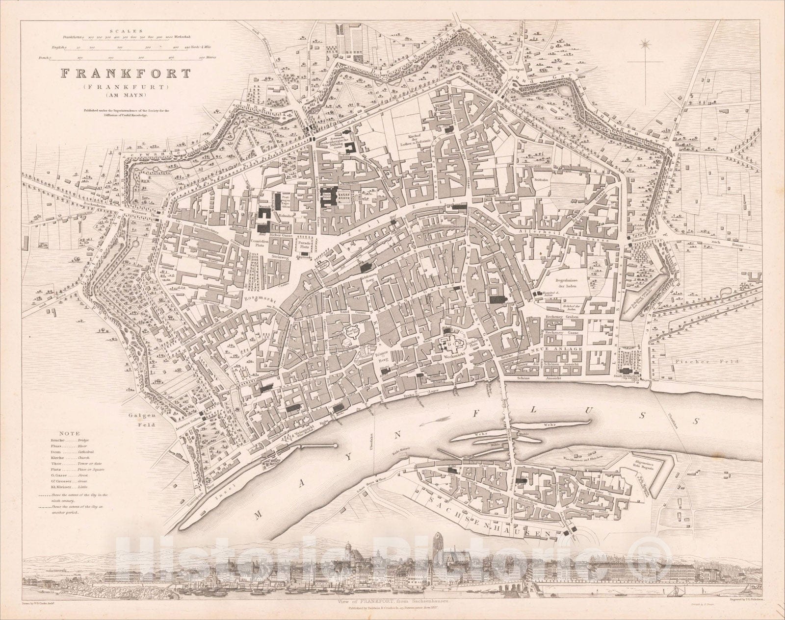 Historic Map : Frankfort (Frankfurt) (Am Main), 1837, SDUK, v1, Vintage Wall Art