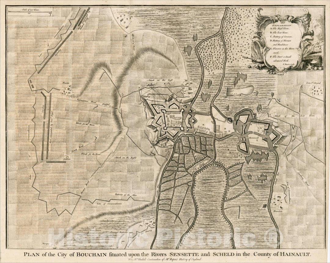 Historic Map : Plan of the City of Bouchain situated upon the Rivers Sensette and Scheld in the County of Hainault, c1740, Paul de Rapin de Thoyras, Vintage Wall Art