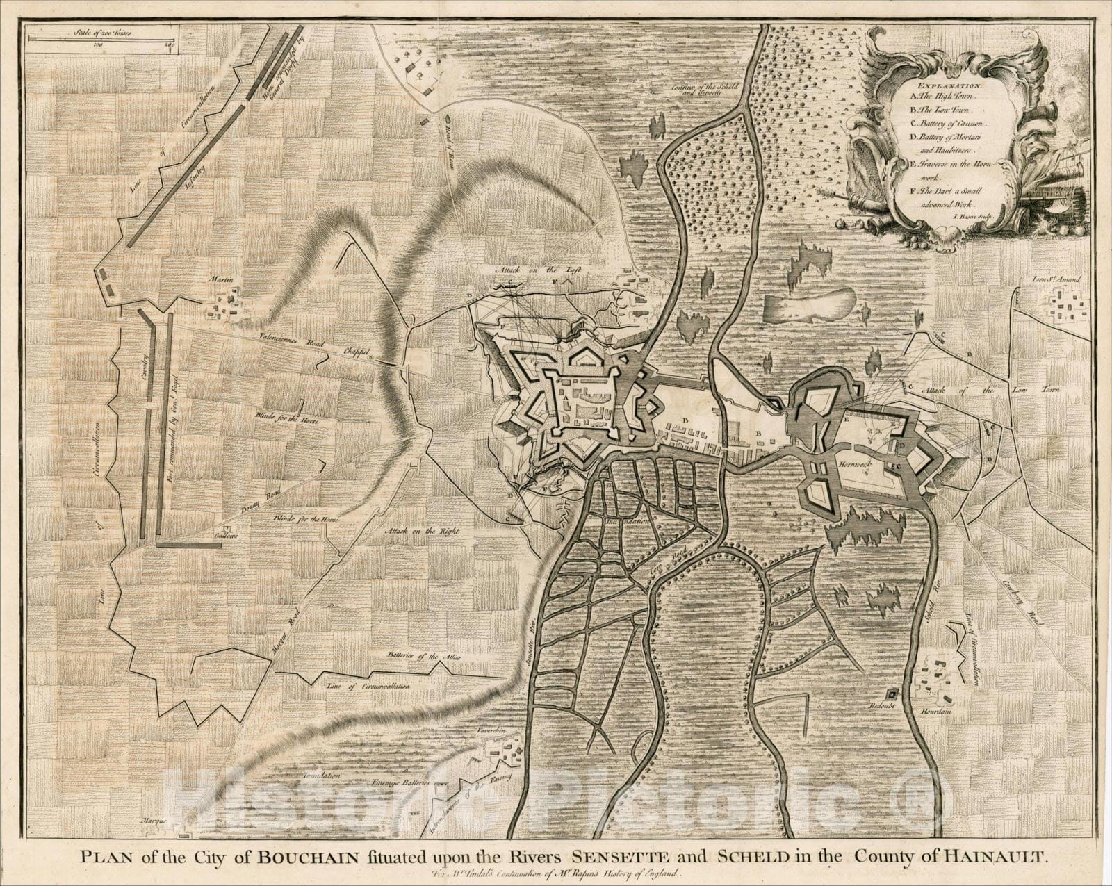 Historic Map : Plan of the City of Bouchain situated upon the Rivers Sensette and Scheld in the County of Hainault, c1740, Paul de Rapin de Thoyras, Vintage Wall Art