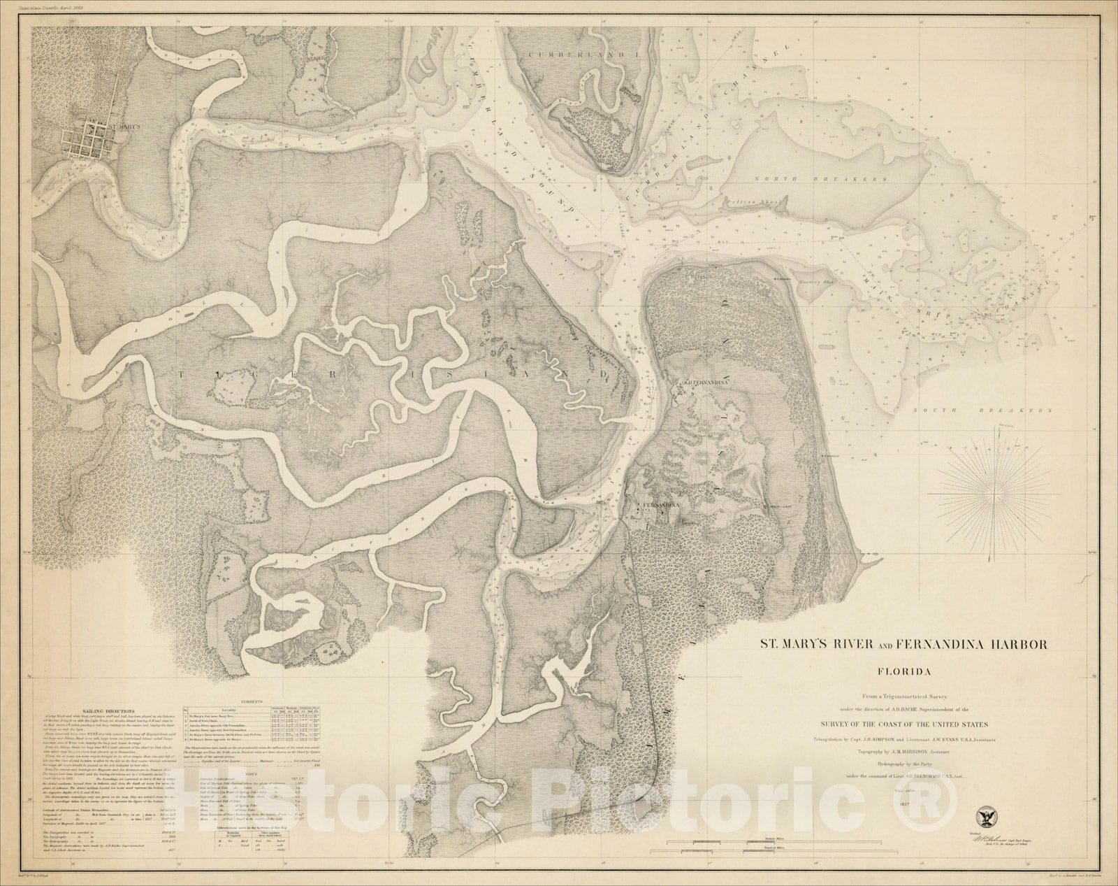 Historic Map : St. Mary's River and Fernandina Harbor Florida From a Trigonometrical Survey under the direction of A.D. Bache, 1857, 1857, , Vintage Wall Art