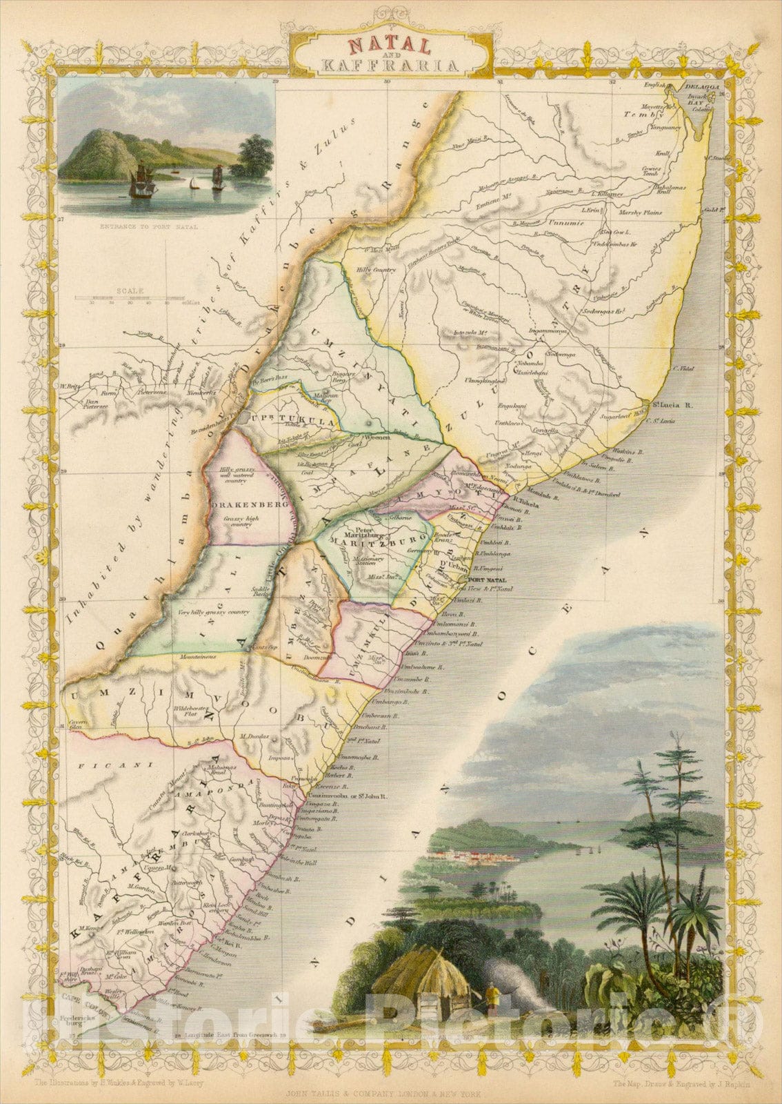 Historic Map : Natal and Kaffraria, 1851, John Tallis, v2, Vintage Wall Art