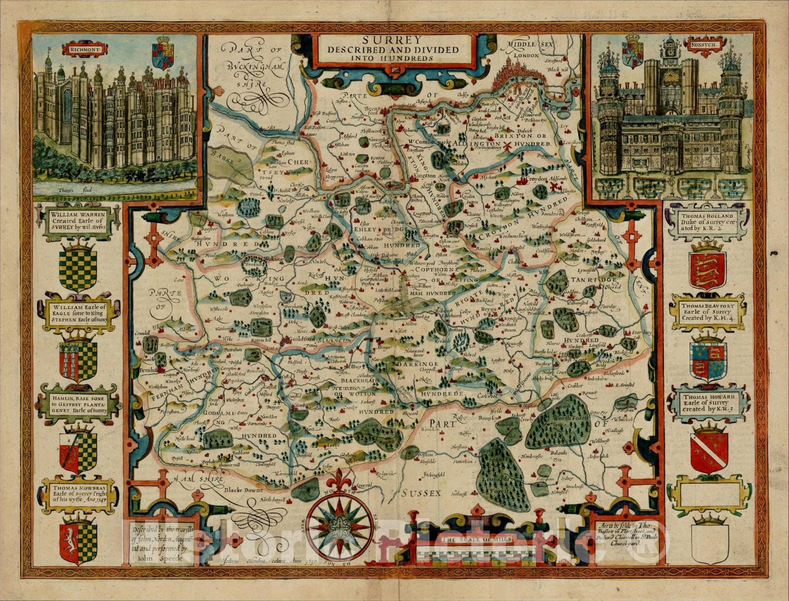 Historic Map : Surrey Described and Divided Into Hundreds, 1676, John Speed, Vintage Wall Art