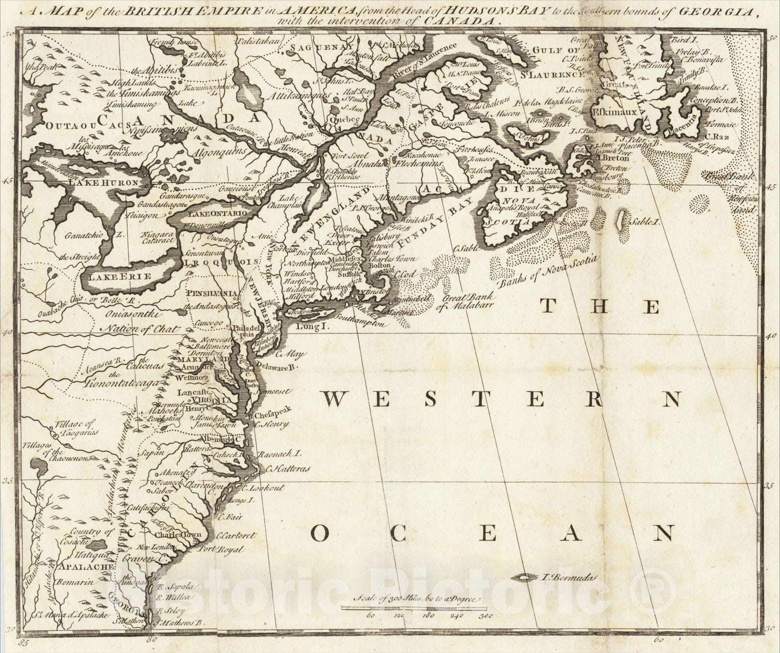 Historic Map : A Map of the British Empire in America, from the Head of Hudson Bay to the Southern Bounds of Georgia, 1750, Owen's Magazine of Magazines, Vintage Wall Art