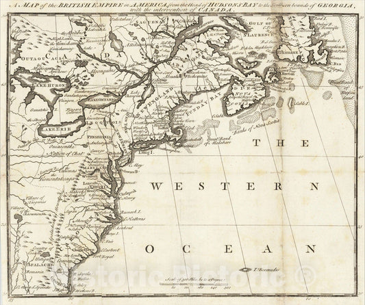 Historic Map : A Map of the British Empire in America, from the Head of Hudson Bay to the Southern Bounds of Georgia, 1750, Owen's Magazine of Magazines, Vintage Wall Art