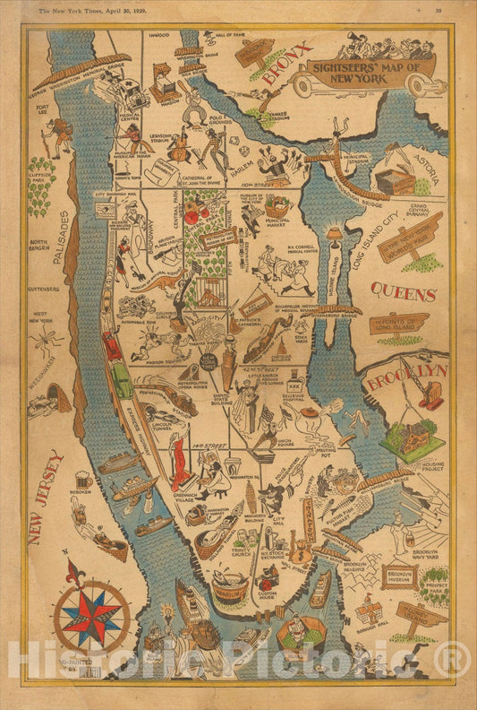 Historic Map : Sightseers' Map of New York, 1939, Albert Hirschfeld, Vintage Wall Art