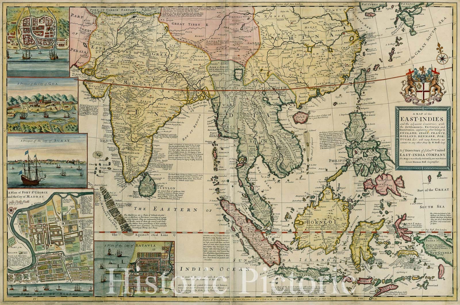Historic Map : A Map of the East-Indies explaining what Belongs to England, Spain, France, Holland, Denmark, Portugal, 1719, Herman Moll, Vintage Wall Art