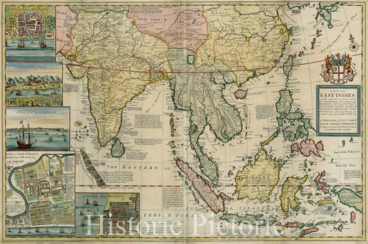 Historic Map : A Map of the East-Indies explaining what Belongs to England, Spain, France, Holland, Denmark, Portugal, 1719, Herman Moll, Vintage Wall Art