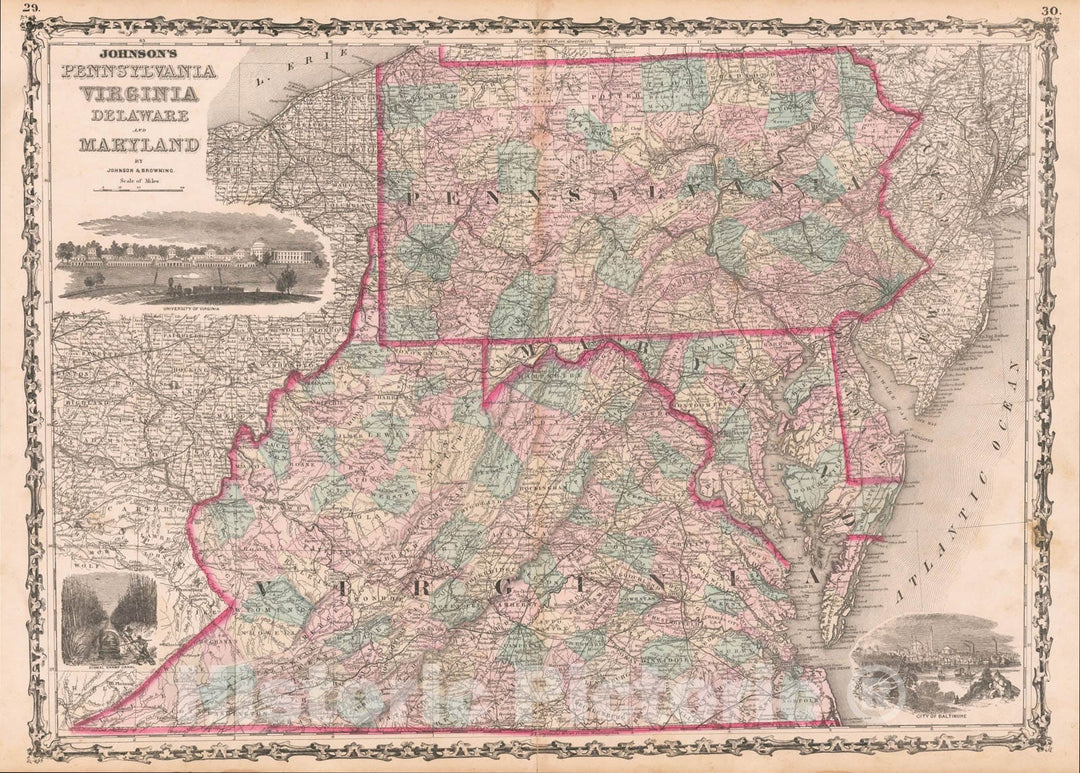 Historic Map : Johnson's Pennsylvania, Virginia, Delaware and Maryland, 1862, Benjamin P Ward, Vintage Wall Art