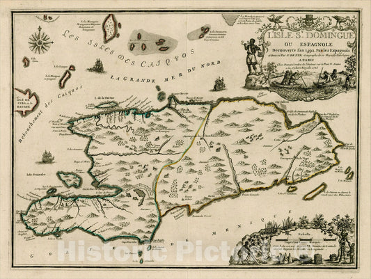 Historic Map : L'Isle St. Domingue ou Espagnole Decouverte l'an 1492 Par les Espagnols, 1723, 1723, Nicolas de Fer, Vintage Wall Art