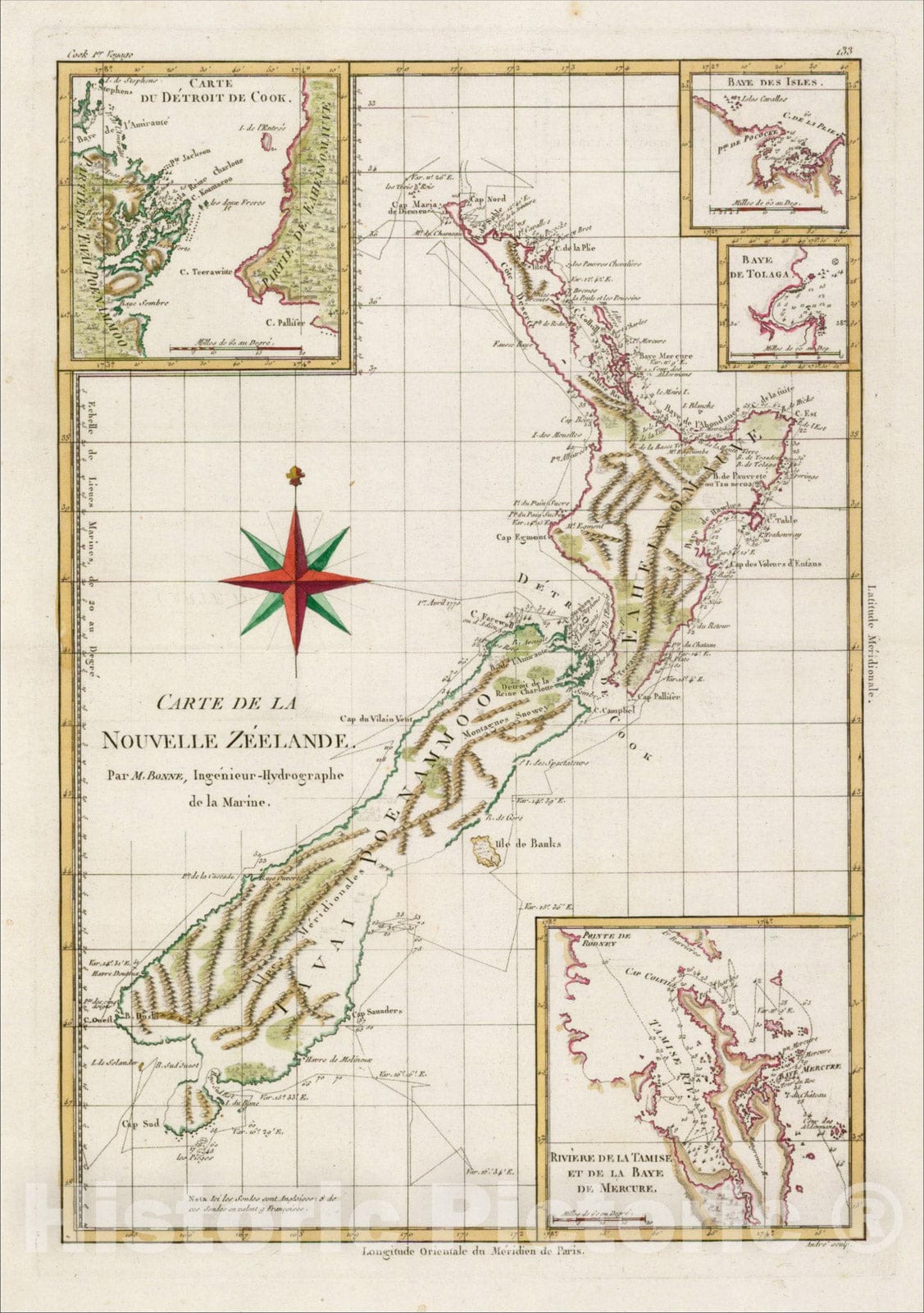 Historic Map : Carte De La Nouvelle Zeelande, 1787, Rigobert Bonne, v1, Vintage Wall Art
