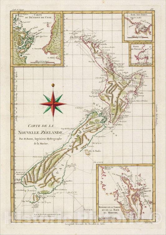 Historic Map : Carte De La Nouvelle Zeelande, 1787, Rigobert Bonne, v1, Vintage Wall Art