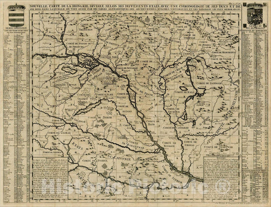 Historic Map : Nouvelle Carte De La Hongrie Divisee Selon ses Differents Etats, Avec une Chronologie De Ses Ducs et de ses Rois, 1719, Henri Chatelain, Vintage Wall Art