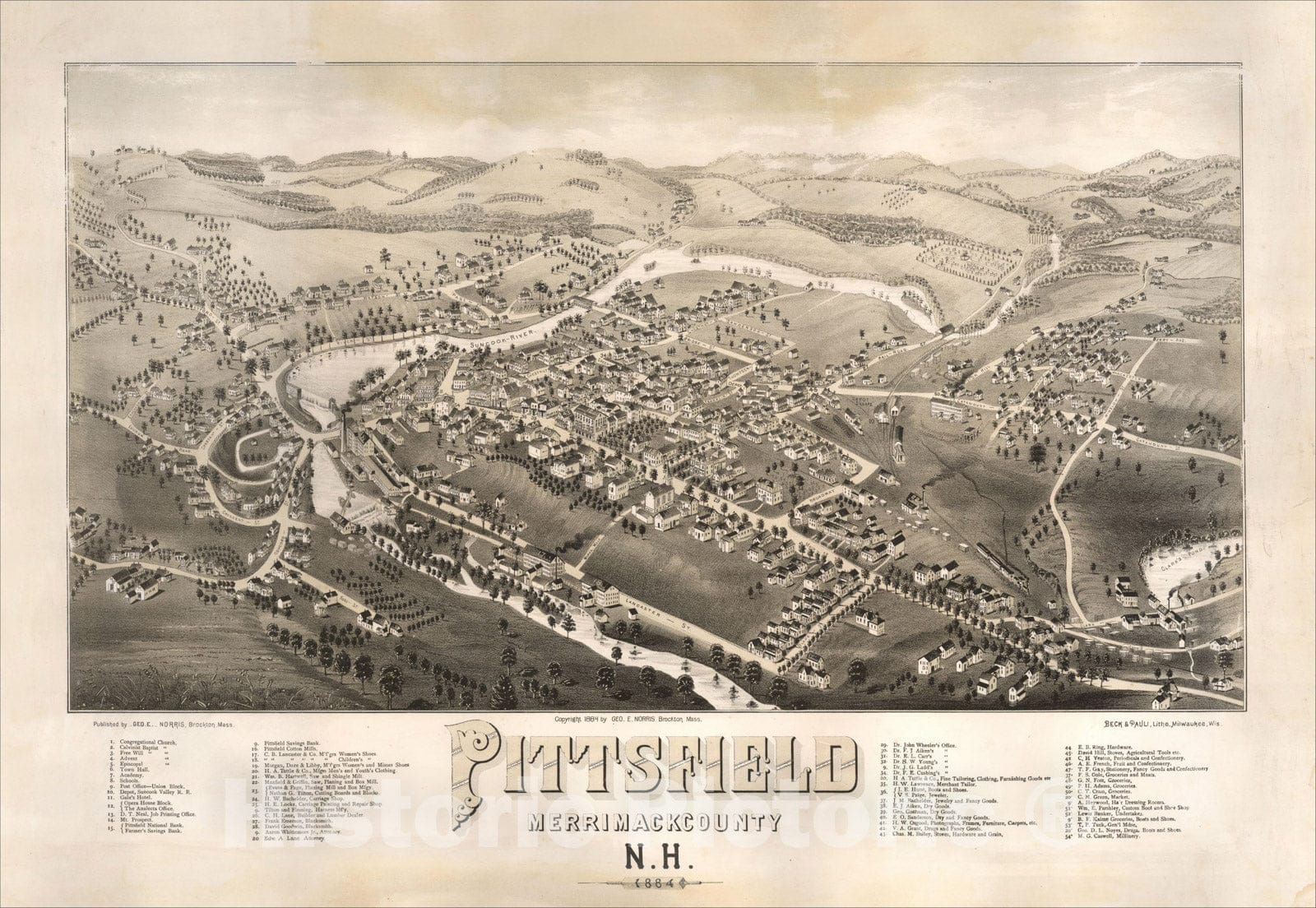 Historic Map : Pittsfield Merrimack County N.H. 1884, 1884, , Vintage Wall Art