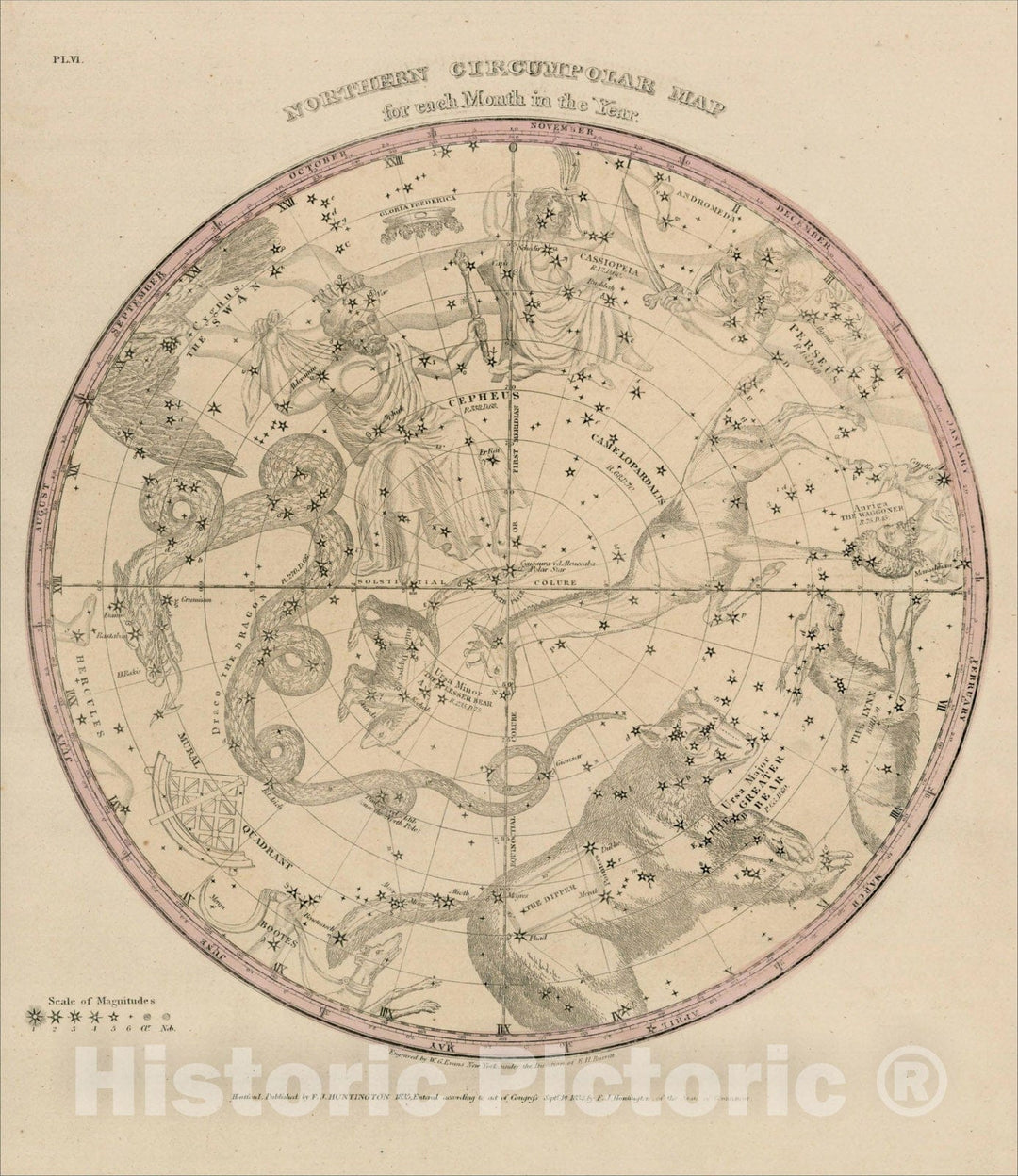 Historic Map : Northern Circumpolar Map for each month of the Year, 1835, Elijah J. Burritt, v1, Vintage Wall Art