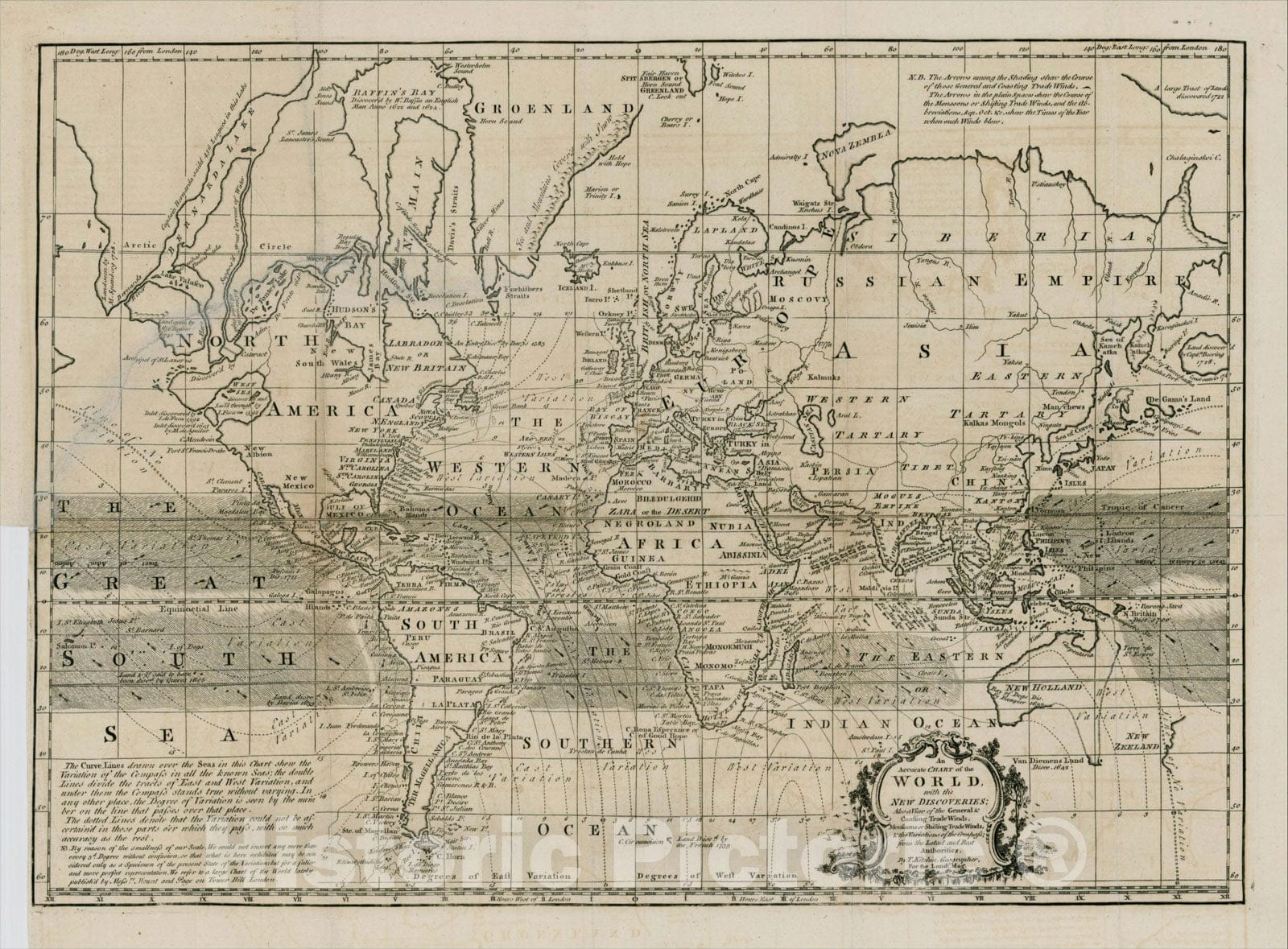 Historic Map : An Accurate Chart of the World, with the New Discoveries; Also a View of the General & Coasting Trade Winds, Monsoons or Shifting Winds, c1760, , Vintage Wall Art