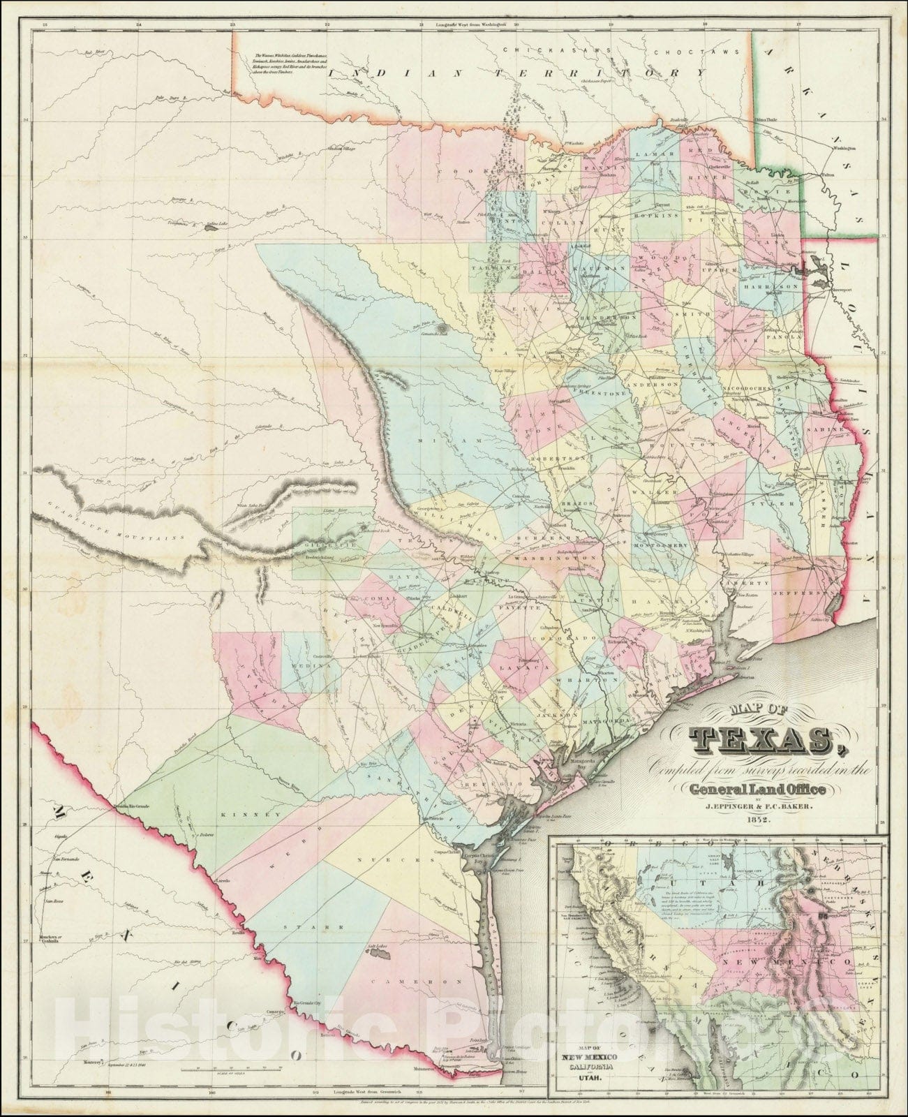 Historic Map : Map of Texas Compiled from surveys recorded in the General Land Office By J. Eppinger & F.C. Baker., 1852, J. Eppinger, Vintage Wall Art
