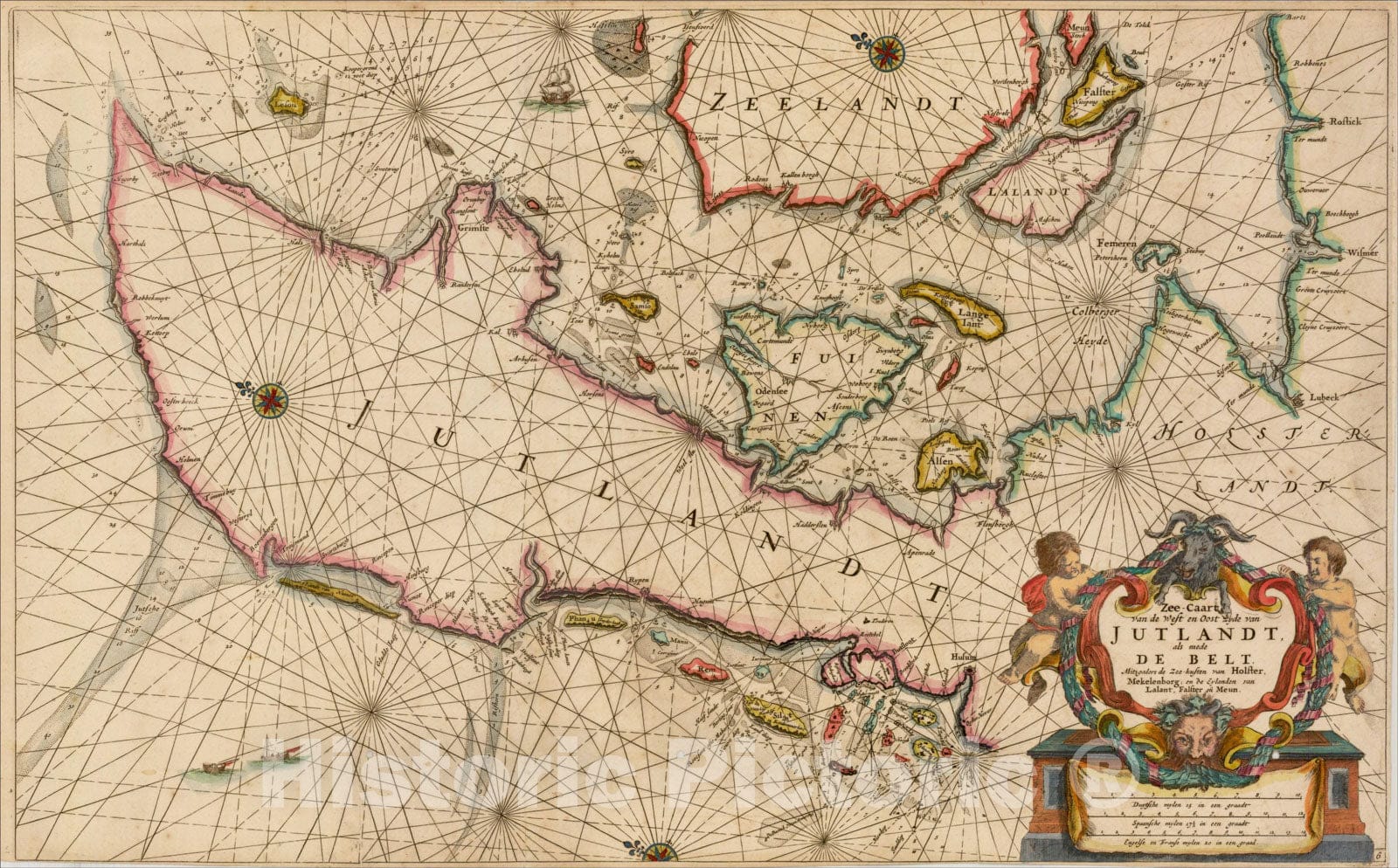 Historic Map : Zee-Caart van de West en Oost zyde van Jutlandt als mede De Belt Mitsgaders de Zee-kusten van Holster, c1644, , Vintage Wall Art