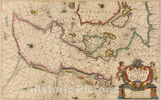 Historic Map : Zee-Caart van de West en Oost zyde van Jutlandt als mede De Belt Mitsgaders de Zee-kusten van Holster, c1644, , Vintage Wall Art
