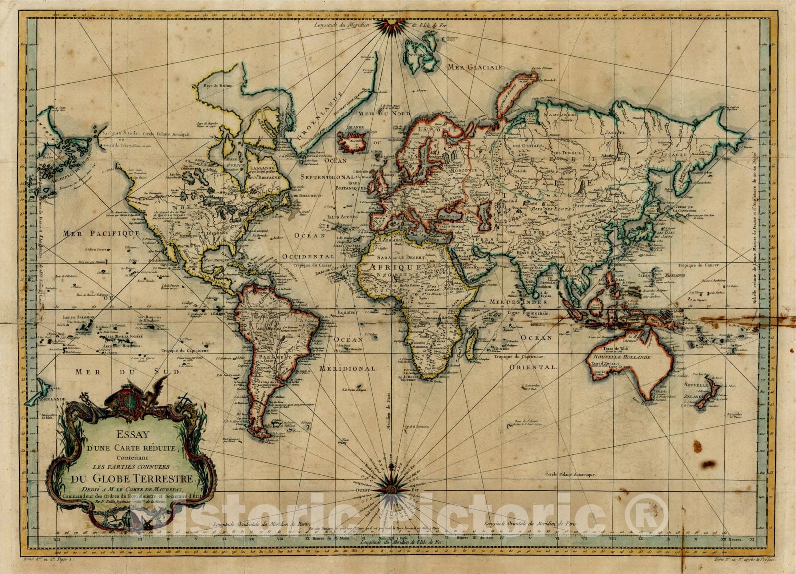 Historic Map : Essay D'Une Carte Reduite Contenant Les Parties Connuees Du Globe Terrestre Dedie A JM. Le Comte De Maurepas?1748, c1748, Jacques Nicolas Bellin, Vintage Wall Art