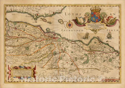 Historic Map : A New Description of the Shyres Lothian and Linlitquo.Be T. Pont, c1620, Henricus Hondius, Vintage Wall Art