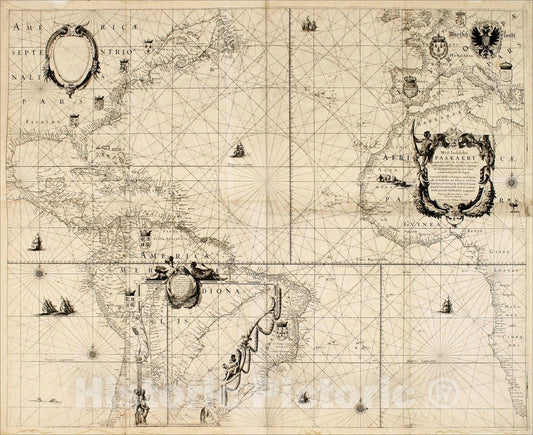 Historic Map : West Indische PASKAERT waerin de graden der breedde over weder=syden vande middellyn wassende, Beschereven door Willem I. Blaeuw., c1626, , Vintage Wall Art