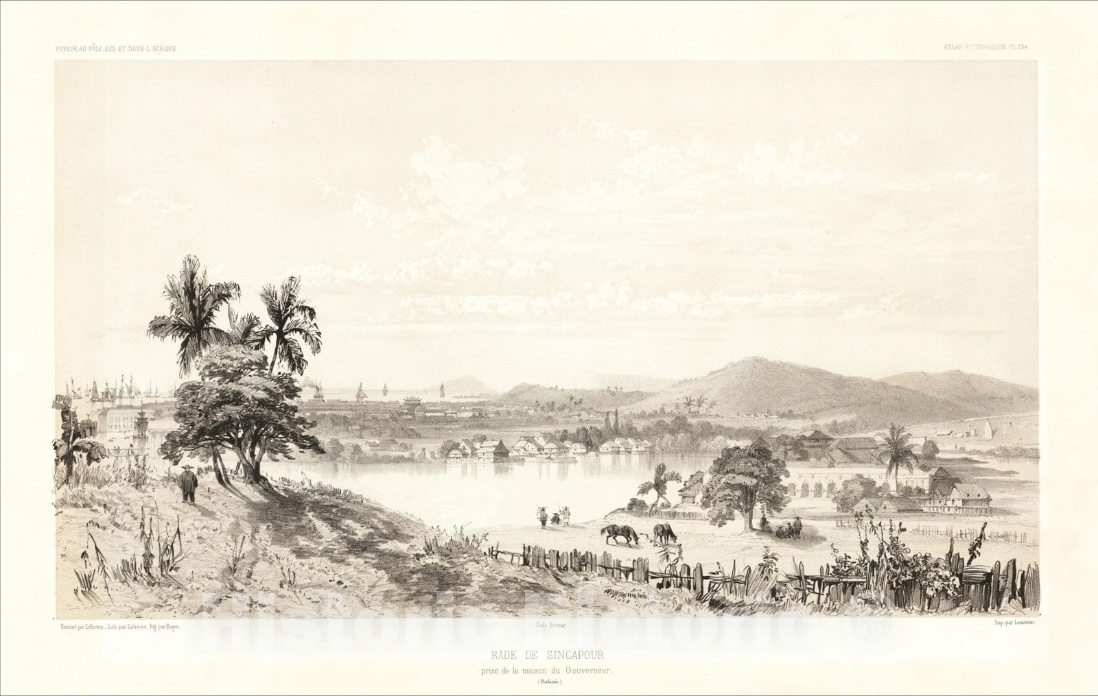 Historic Map : Rade de Sincapour prise de la Maison du Gouverneur (Malasie), c1842, Eugene Ciceri, Vintage Wall Art